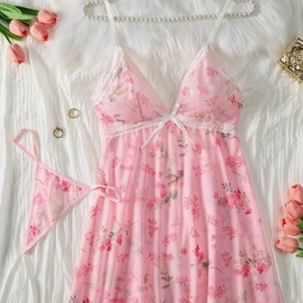 XL - Floral Print Contrast Lace Lingerie Set, Bow, V Neck, Cami Dress & Thong